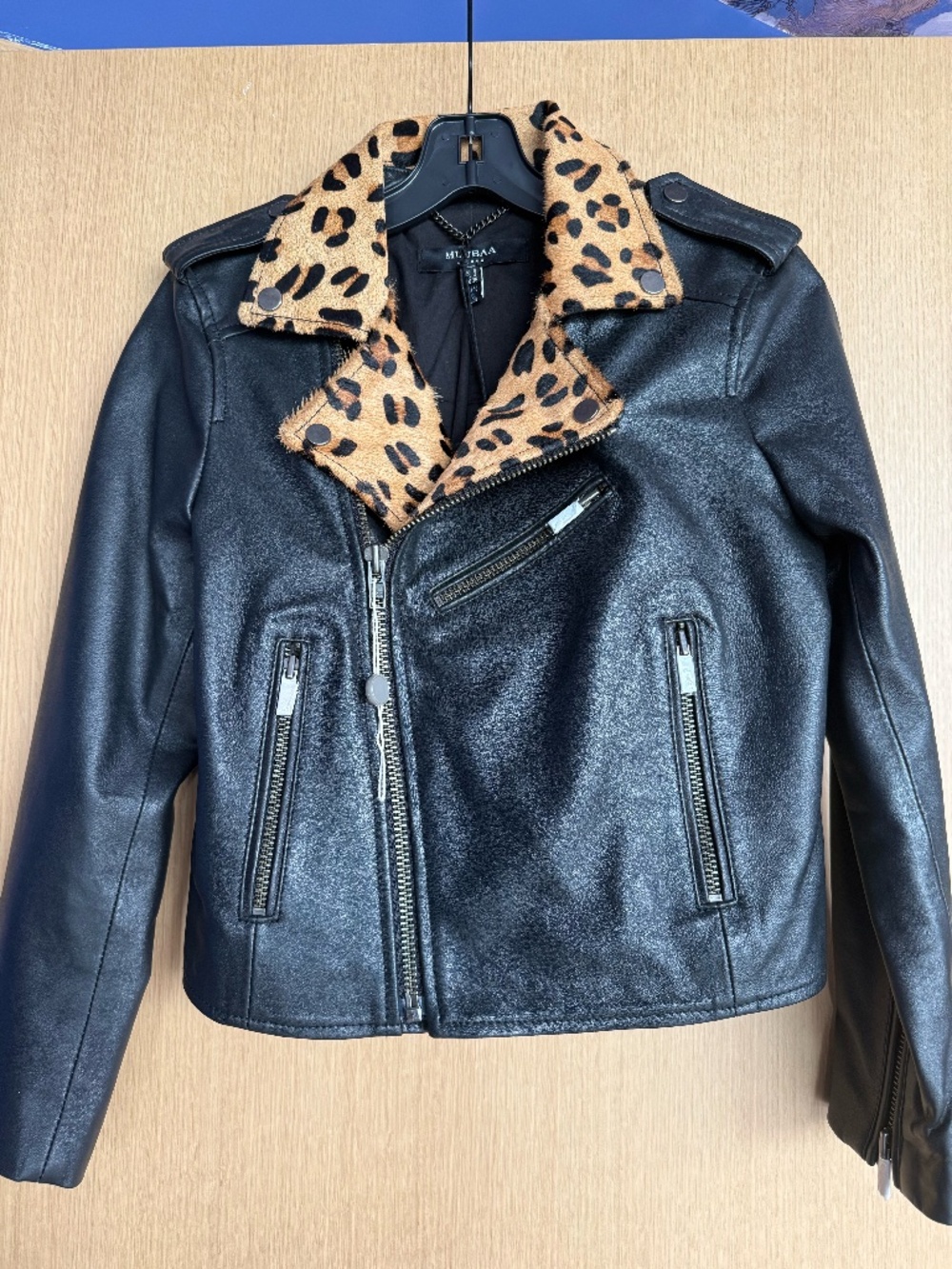 BRAND NEW Muubaa Leopard Collar Leather Biker Jacket size 4 US
